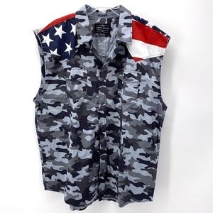 CODY JAMES CAMO/FLAG SLEEVELESS BUTTON DOWN SHIRT